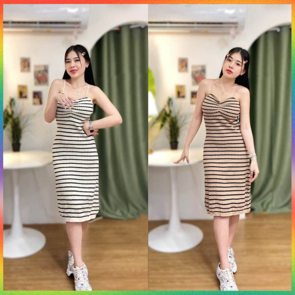 🌈MesubShop🌈เดรสยาว ผ้าไหมพรม เดรสสายเดี่ยวทอลายสลับสี 🦑  ใส่แล้วพรางหุ่นม้าก แต่งย่นให้ช่วงอก รุ่น หัดเขียน