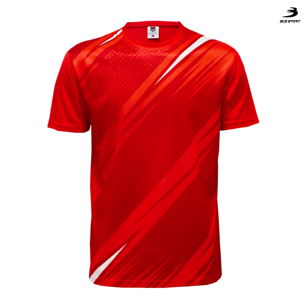 BCS SPORT เสื้อพิมพ์ลาย/กีฬา คอกลม สีแดง UNISEX เนื้อผ้า MICRO PLUS+ มีไซส์เด็กละผู้ใหญ่ รหัส J9016/J9018