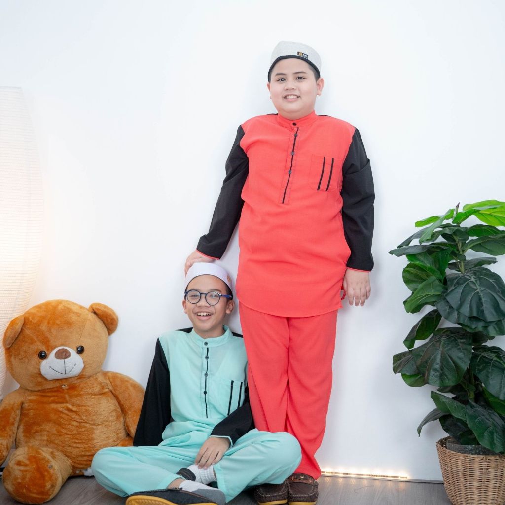 ชุดปากีเด็กชาย เสื้อ+กางเกง แขนทูโทนดำ3กระเป๋า คอจีน ใส่สบายเหมาะกับเด็กโต BA22 วาริสมุสลิม