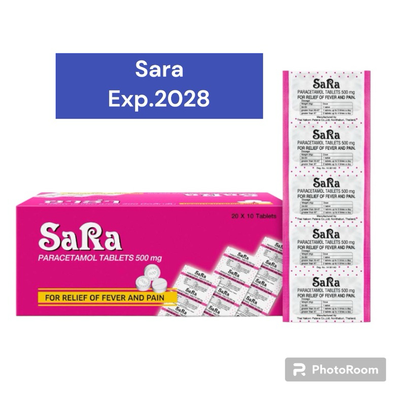 [แผง] Sara ซาร่า ยาเม็ดบรรเทาปวด ลดไข้ พาราเซตามอล 500มก