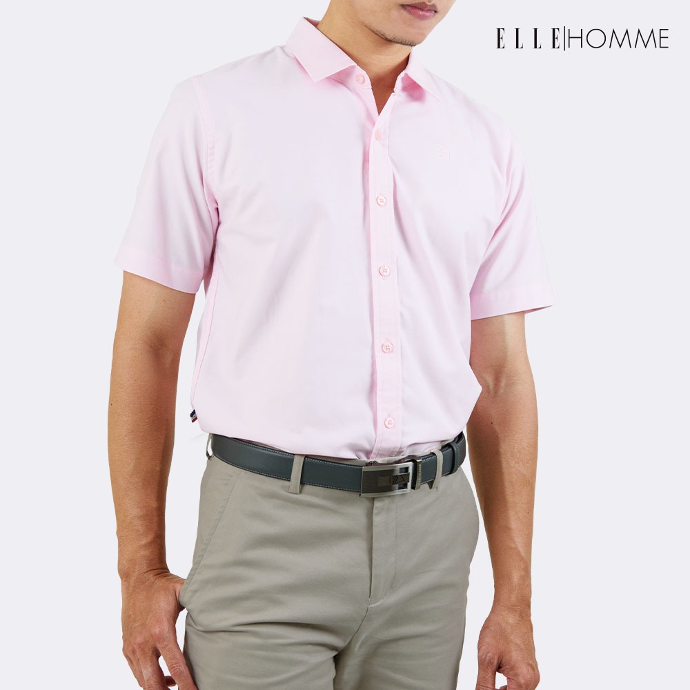 ELLE HOMME | เสื้อเชิ้ตแขนสั้น คอปกเชิ้ต ทรงโอเวอร์ไซซ์ สวมใส่สบาย ปักโลโก้ EH สีชมพู | W8B670
