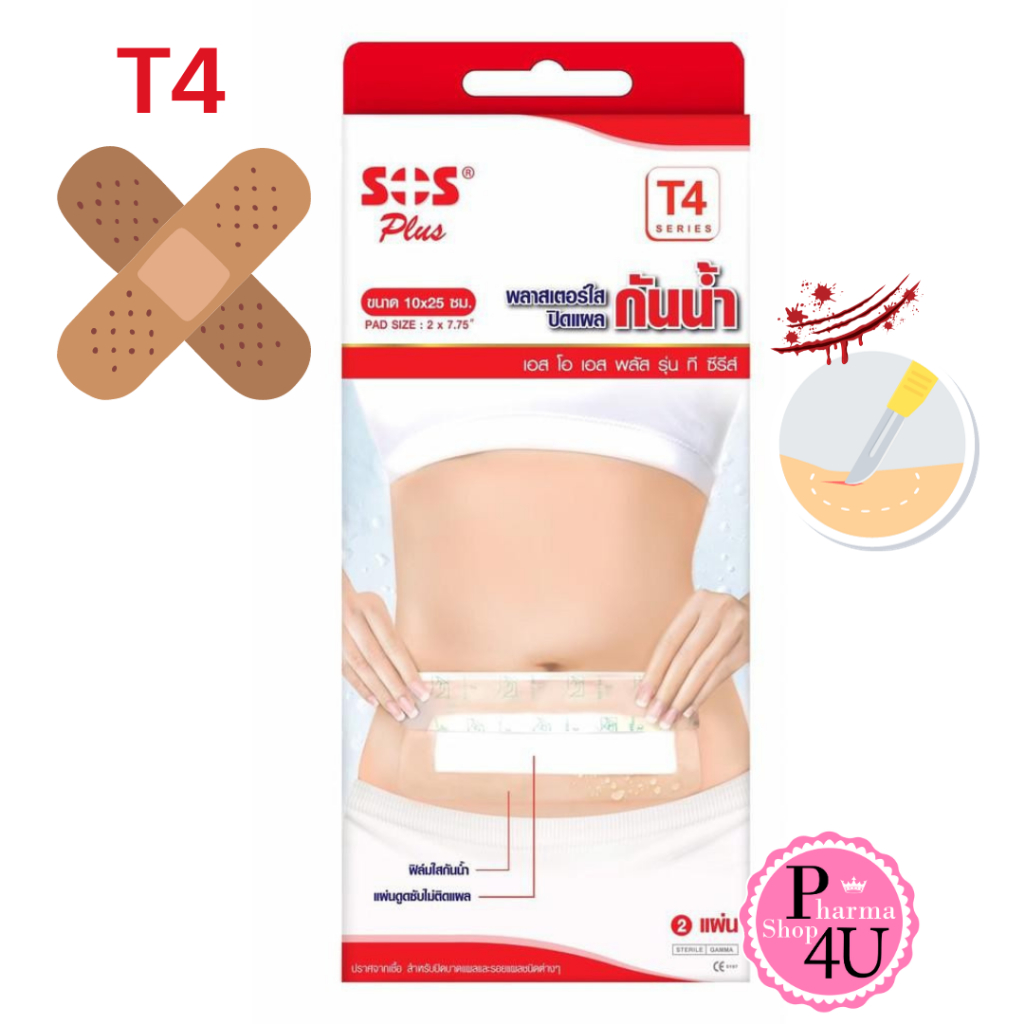 💧ส่งไว💧  พลาสเตอร์ใสกันน้ำ SOS PLUS / T4 กล่องละ 2 แผ่น [5730]