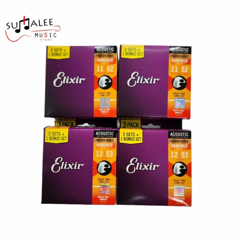 สายกีตาร์โปร่ง Elixir Strings Acoustic [Pack3]Phosphor Bronze NANOWEB