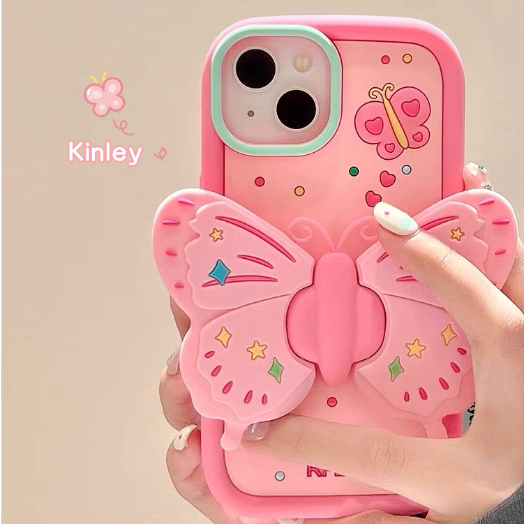 จัดส่ง24ชม for iPhone 15 11 12 13 14 Pro max case เคสไอโฟน11 บางเบาพกพาง่าย การ์ตูน ผีเสื้อ วัสดุซิลิโคน ขาตั้งพับ Case