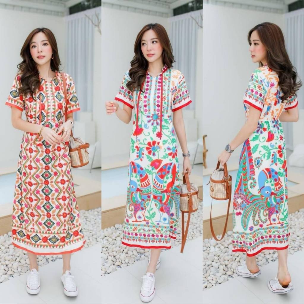 พร้อมส่งในไทย Maxi Dress Bohemian Style แม็กซี่เดรสยาวผ้าโพลีเอสเตอร์ปริ้นลายสไตล์โบฮีเมียน เดรสใส่เที่ยวคาเฟ่ถ่ายรูป