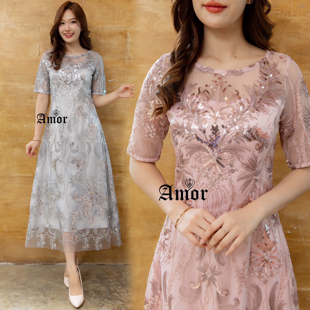 ชุดเดรสลูกไม้ปักเลื่อม ชุดราตรี สีกะปิ/สีเทา M-4XL #Amor