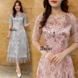 M-4XL💥ชุดเดรสลูกไม้ปักเลื่อม ชุดราตรี สีกะปิ/สีเทา   #Amor