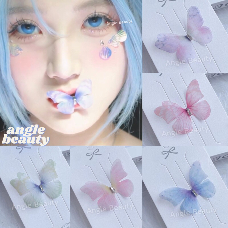 พร้อมส่ง ผีเสื้อสองชั้นประดับเพชร 4.5cm สำหรับติดหน้า แถมกาวฟรี