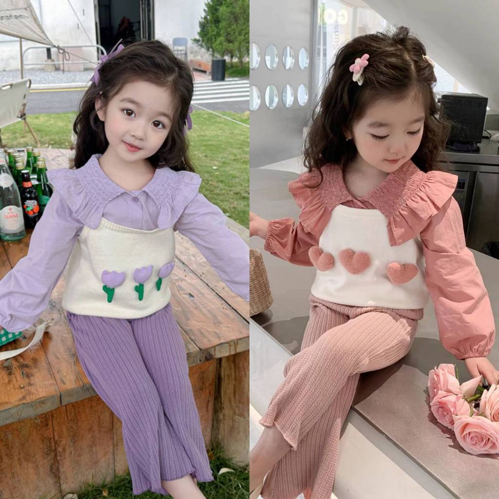289 พร้อมส่ง ชุดเซ็ท3ชิ้นเด็กผู้หญิง เสื้อแขนยาวเด็ก สายเดี่ยวเด็ก กางเกงขายาว