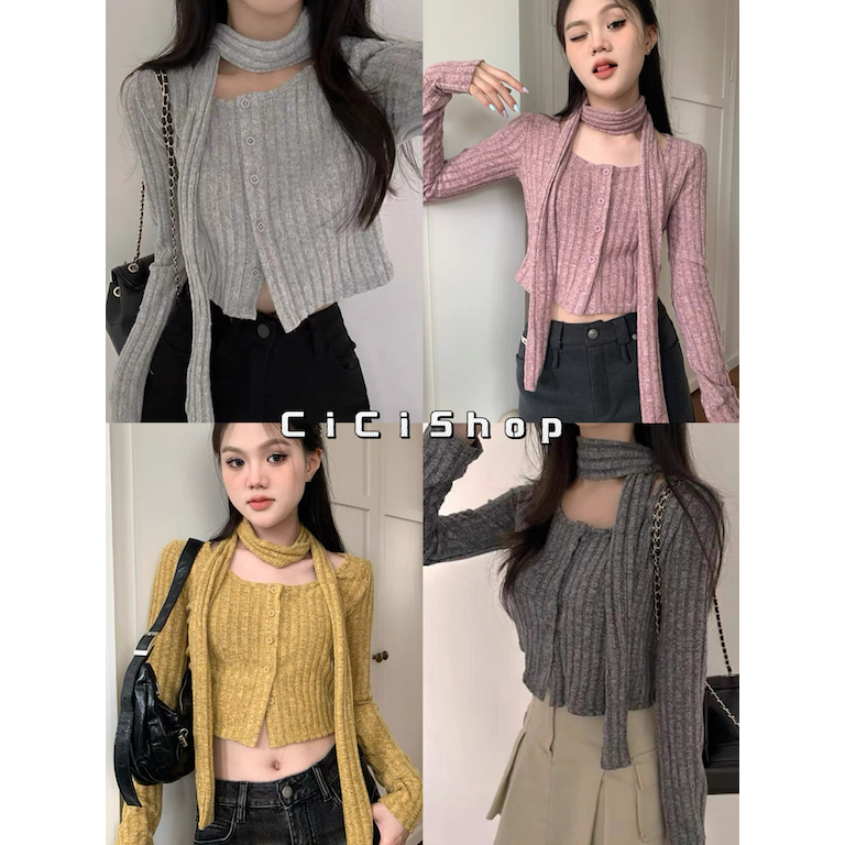 Cicishop(H515)เสื้อครอปไหมพรมแขนยาวสีพื้น ดีเทลมีผ้าพันคอ ใส่คลุมแมทช์เข้าได้กับทุกชุด