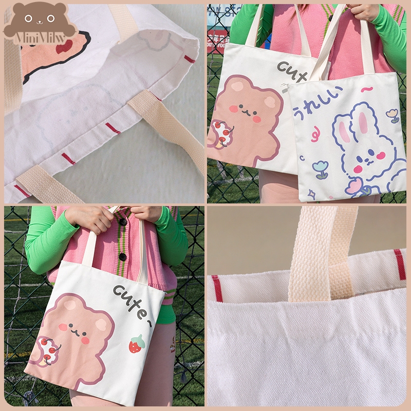 [พร้อมส่ง] กระเป๋าผ้าน่ารัก(ไม่มีซิป) มี 5 แบบ สกรีนตัวการ์ตูน ขนาด 33.5x35 ซม. ใส่ของได้เยอะ : MiniMilwʕ•ᴥ•ʔ