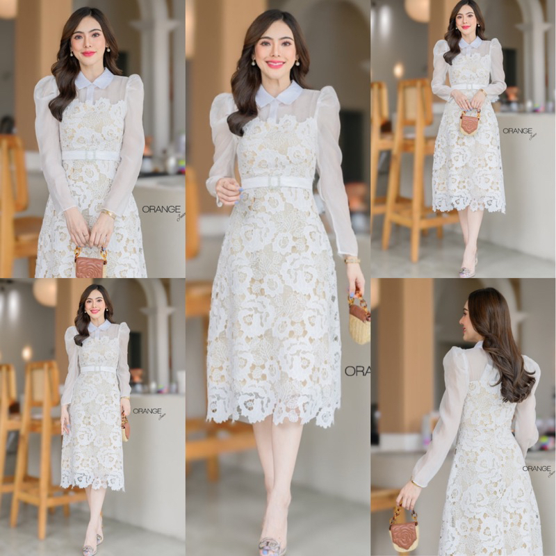 พร้อมส่ง S-2XL ป้าย Orange Juice เดรสลูกไม้ คอเชิ้ต แขนยาว ซีทรู สวยเรียบหรู – โปรปัง
