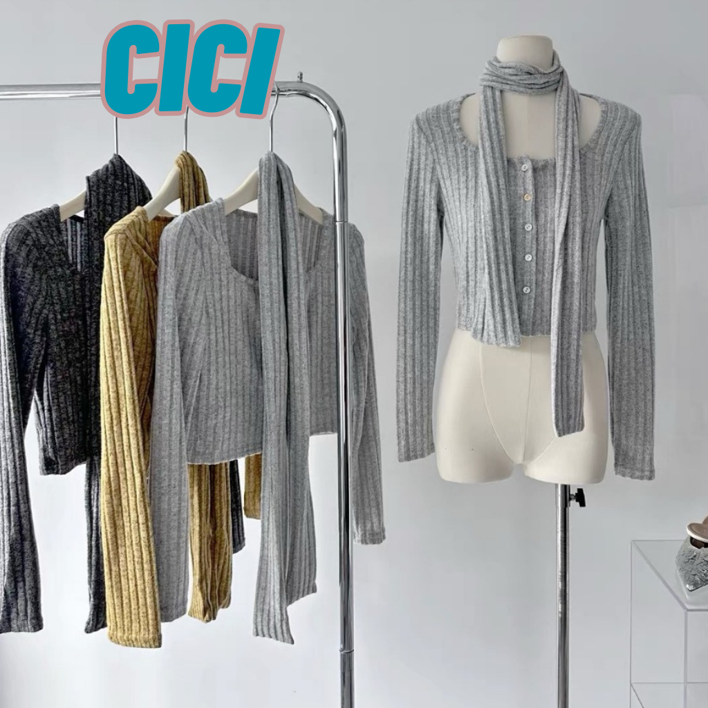 Cici(NO.H515)เสื้อครอปไหมพรมแขนยาวสีพื้น ดีเทลมีผ้าพันคอ ใส่คลุมแมทช์เข้าได้กับทุกชุด