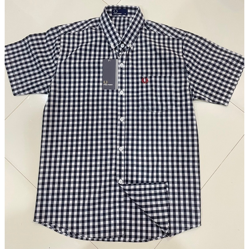 เสื้อเชิ้ตแขนสั้นผู้ชาย ลายสก๊อต สีกรม ขาว มีไซร์ใหญ่