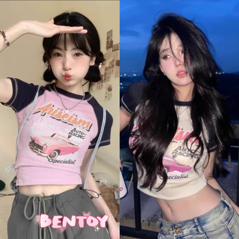 Bentoy(3878)เสื้อยืดแขนสั้น ครอปท็อป ลายพิมพ์หน้าอก สไตล์vintage แมทช์ง่าย