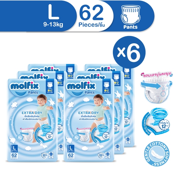 ส่งฟรี (ยก 2 ลัง / 6 ห่อ) Molfix ผ้าอ้อมเด็กโมลฟิกซ์ เอ็กซ์ตร้า ดราย แพ้นส์ L 62
