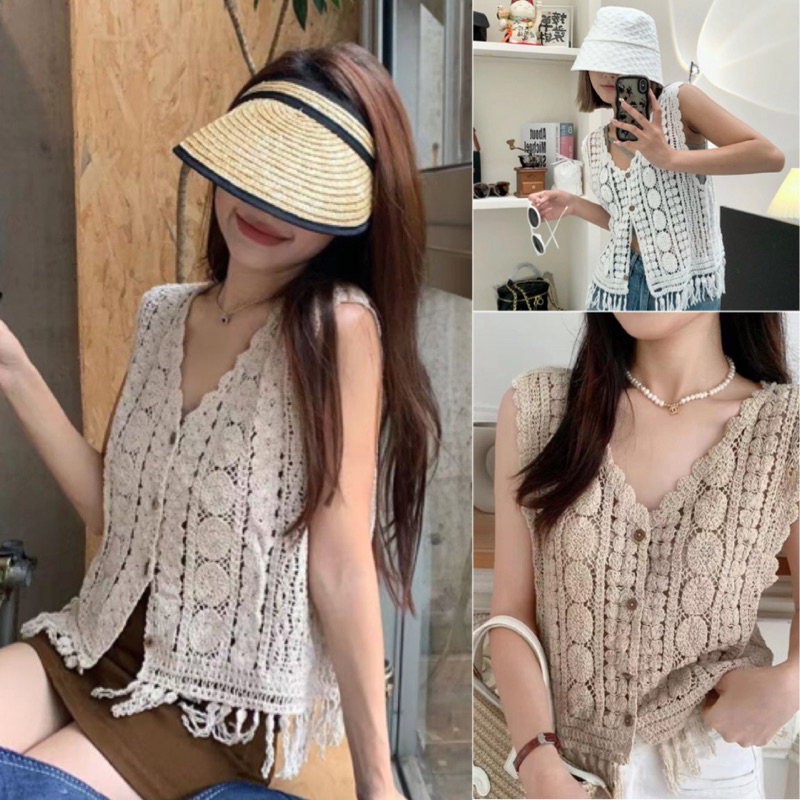 Mookrinstyle เสื้อถักไหมพรม กระดุมยาว มี 2 สีนะคะ น่ารักมาก ชายกรุย กั๊กขนปุย