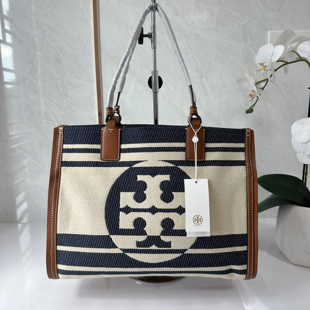 TORY BURCH ELLA CANVAS JACQUARD STRIPED SMALL TOTE BAG NAVY [สินค้า Outlet]