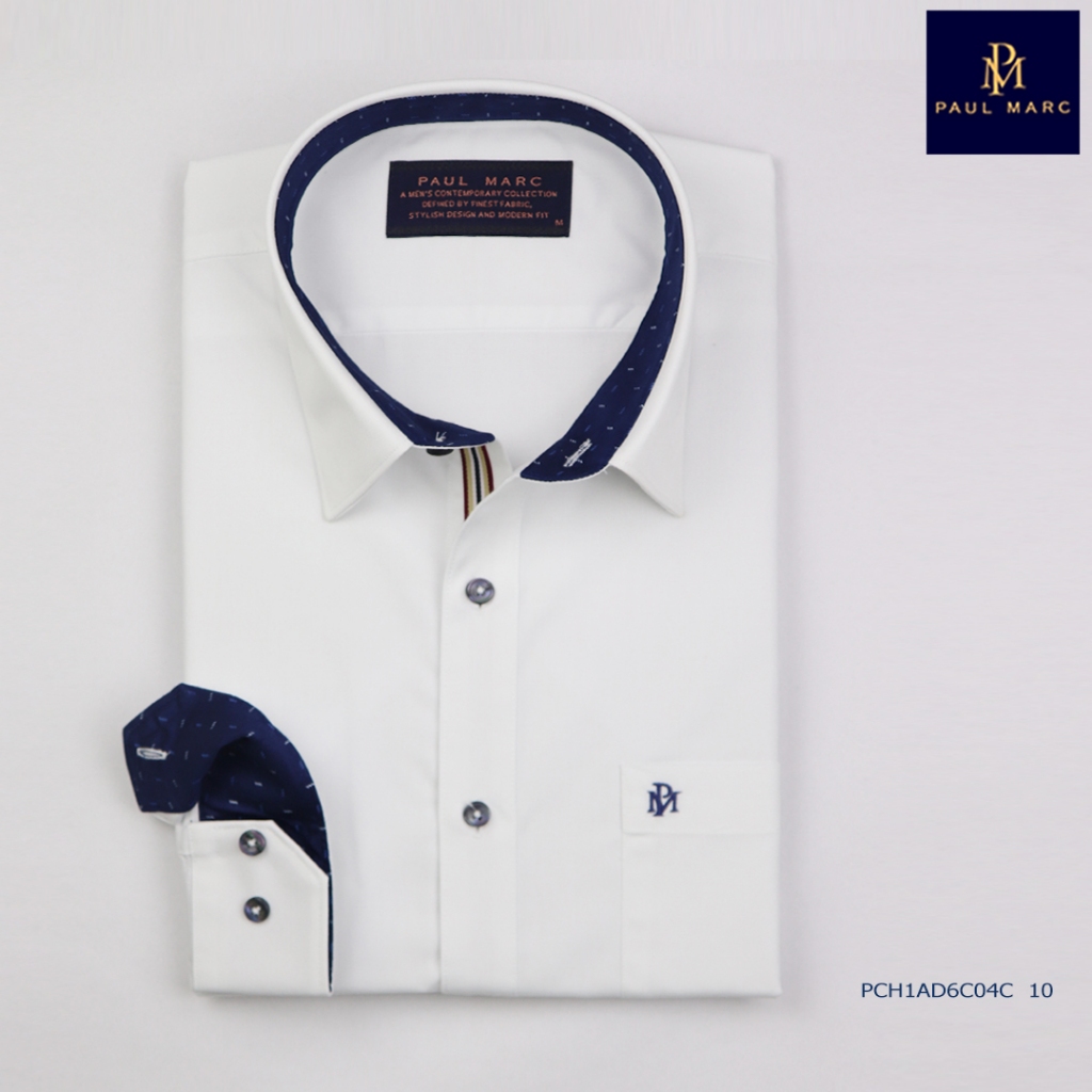PAUL MARC เสื้อเชิ้ตแขนยาว สีขาว slim fit Signature Twill ดีเทลแต่งผ้าพิมพ์สีกรมท่า PCH1AD6C04C