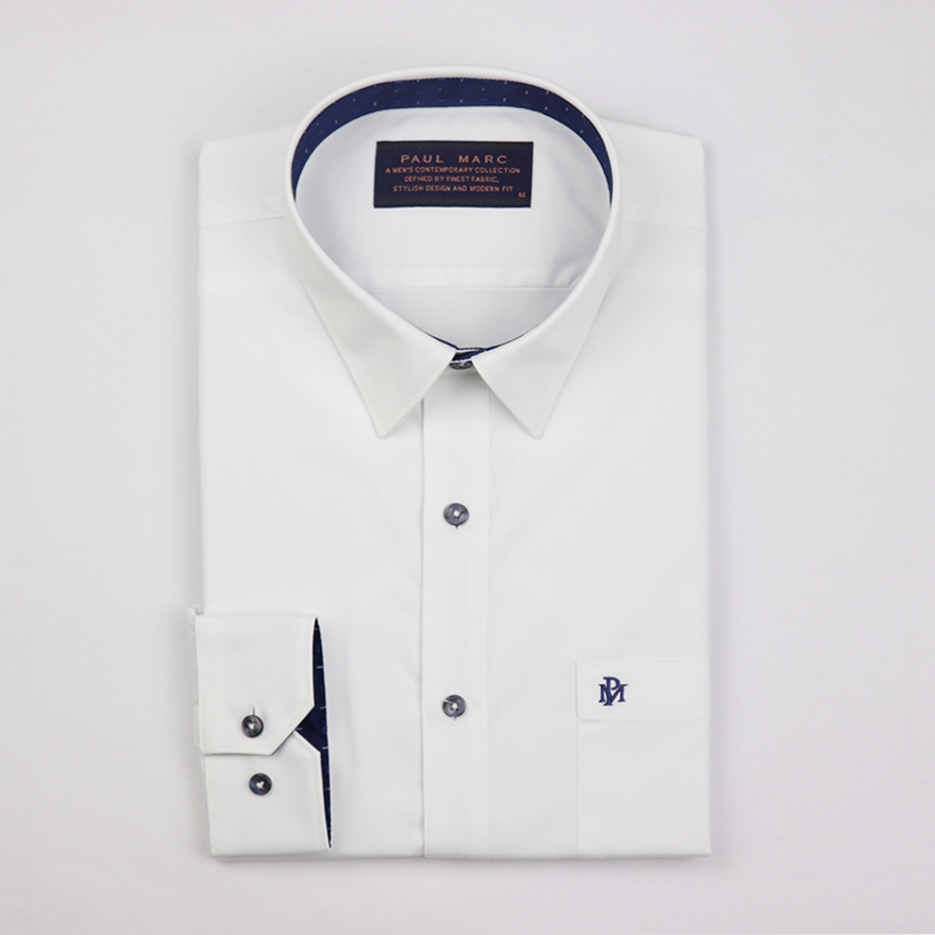 PAUL MARC เสื้อเชิ้ตแขนยาว สีขาว slim fit Signature Twill ดีเทลแต่งผ้าพิมพ์สีกรมท่า PCH1AD6C04C รูปที่ 3