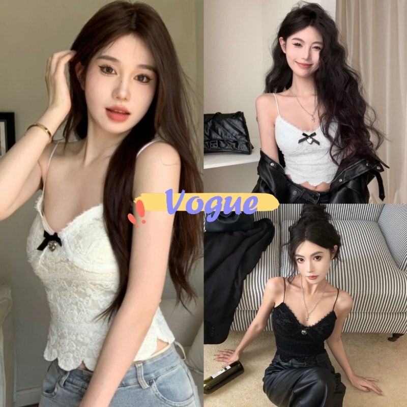 Vogue พร้อมส่ง เสื้อสายเดี่ยว มีฟองน้ำ หลังสม๊อก ลายลูกไม้ (FY2218) -H