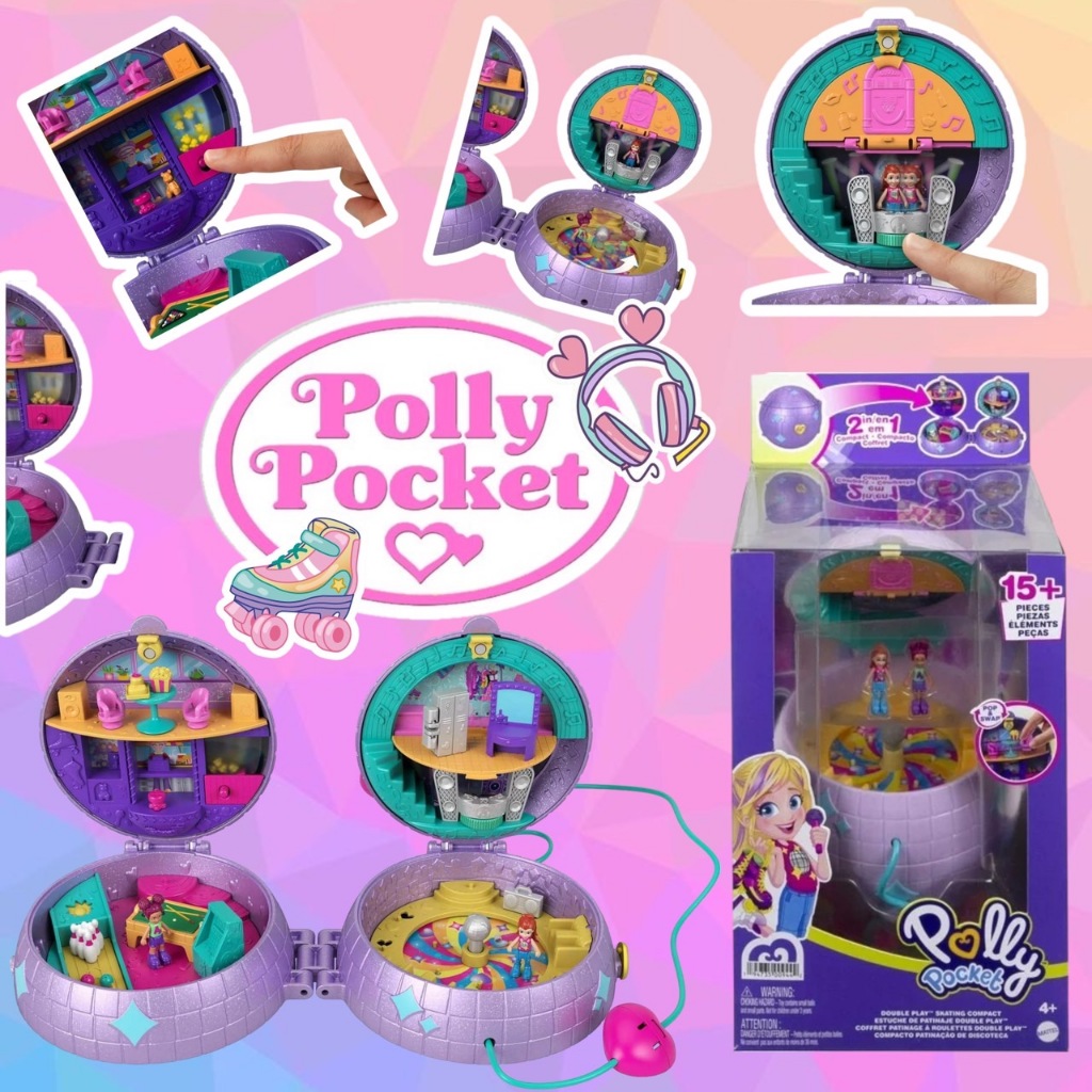 ลานสเก็ตดิสโก้ Polly Pocket Double Play Skating Compact, 2-in-1 Playset with 2 Micro Dolls & 16 Accessories