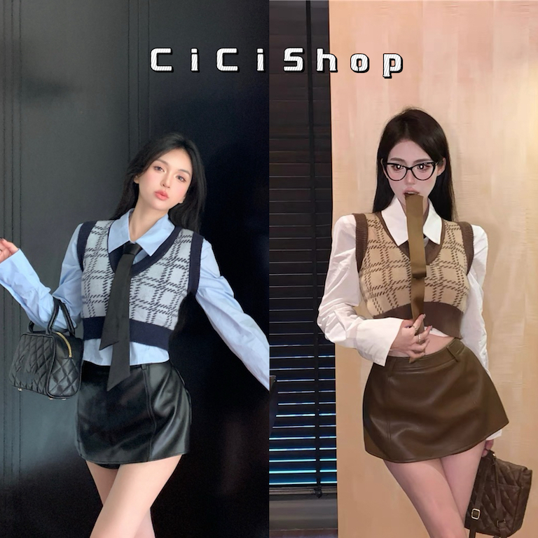 Cicishop(2352)SET 3 ชิ้น(ใส่แยกได้) เสื้อครอปคอปกแขนยาว+กั๊กไหมพรม พร้อมที่ผูกไทด์คิ้วท์มาก สไตล์เกาหลี