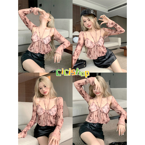 Cicishop(XS3111)Double Tops เสื้อสายเดี่ยว(มีฟองน้ำในตัว)+เสื้อคลุมครอป มีดีเทลเชือกผูก ใส่แล้วสวยแซ่บมากๆ