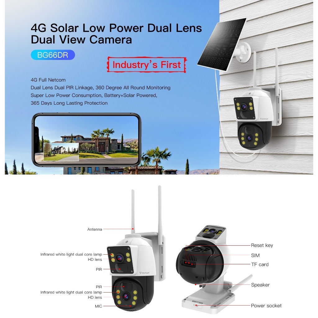 VSTARCAM BG66DR 4G LTE SIM SHD 1296p 3.0MP กล้องวงจรปิดใส่ซิม (2 เลนส์กล้อง) พร้อมแผงโซล่าเซลล์
