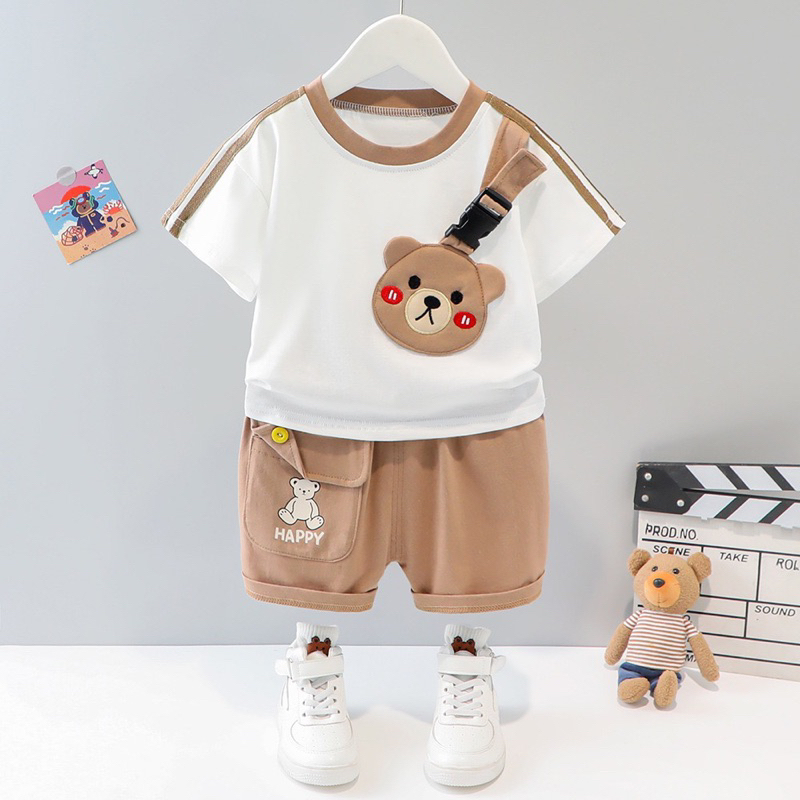 พร้อมส่งในไทย ชุดลำลองสำหรับเด็กชุดเสื้อคอกลมพร้อมกางเกงขาสั้น ชุดเซ็ต2ชิ้น
