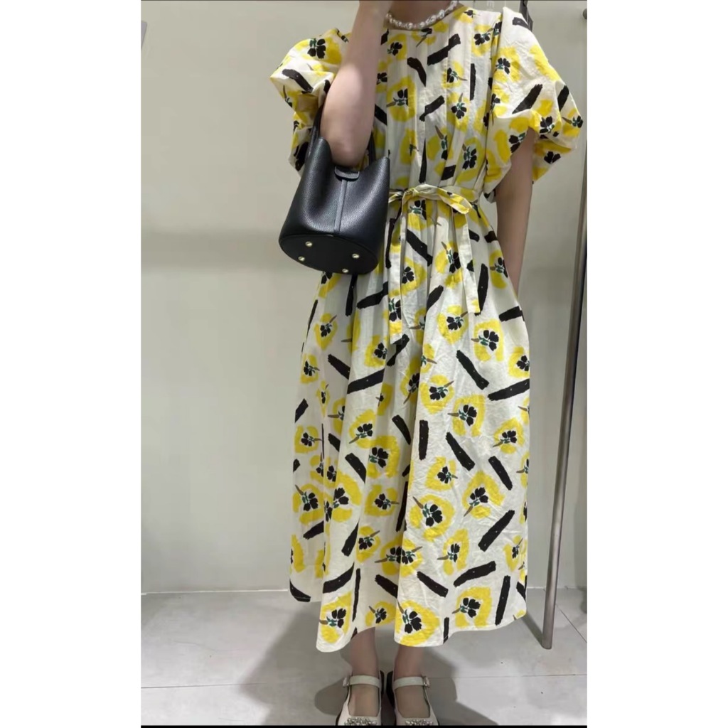 Pizza Outfit เดรสทรงปล่อย แขนบอลลูน ผ้าคอตตอล มีเชือกผูกเอวให้ โคเรีย