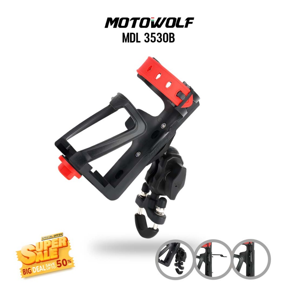 MOTOWOLF MDL 3530B ที่วางแก้วและขวดน้ำสำหรับติดรถมอเตอร์ไซค์ แบบปรับองศาได้