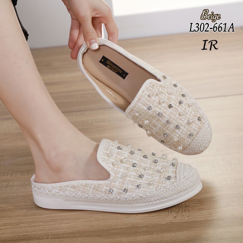 L302-661A รองเท้าเปิดส้นผ้าทวิตแต่ง พื้นนิ่ม ส้นกันลื่น