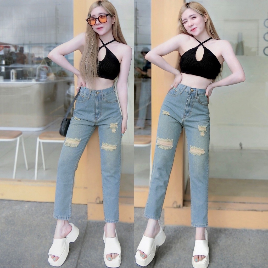 Cc jeans S-5XL กางเกงยีนส์ ทรงบอย ยีนส์ฟอกอ่อน แต่งขาด 004 007