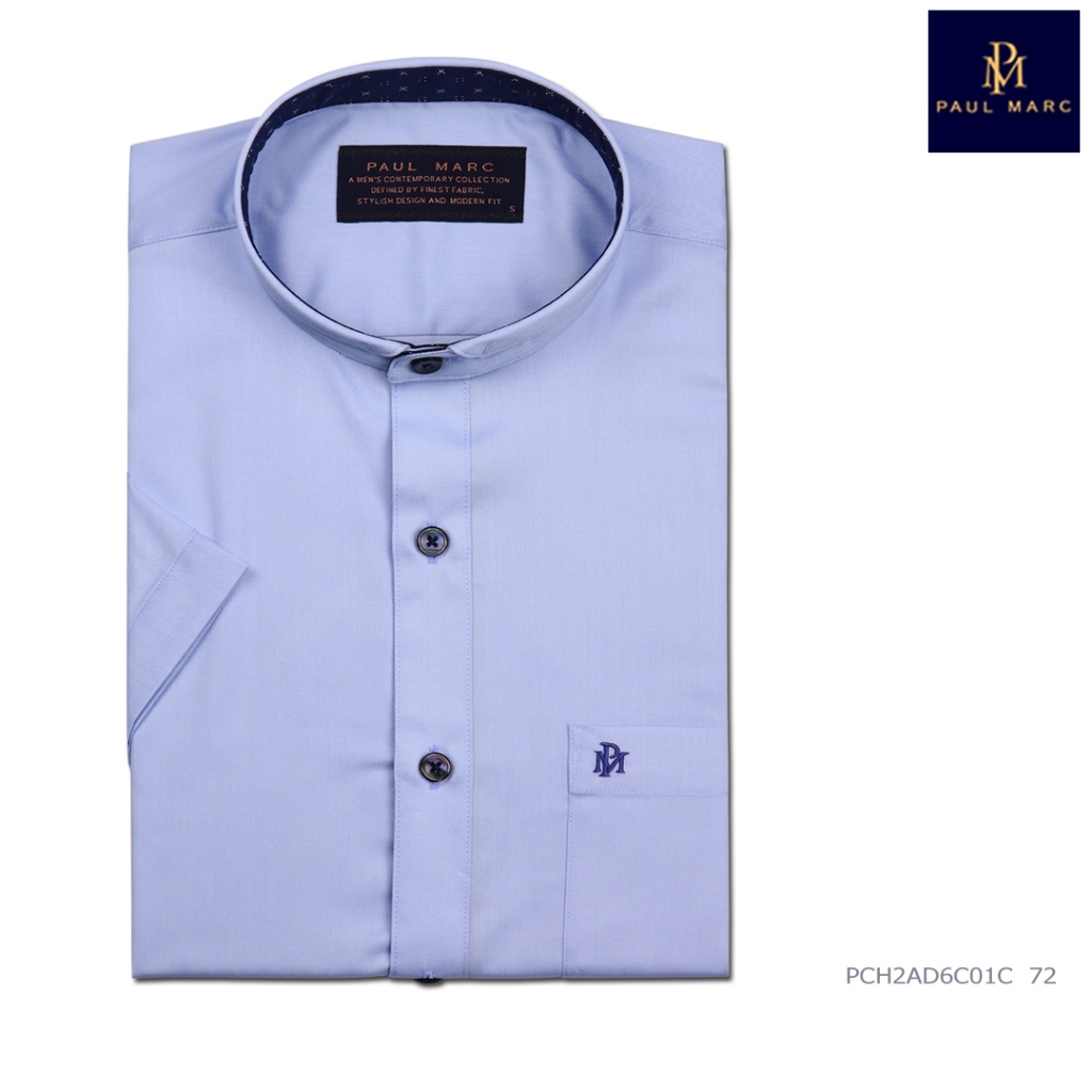 PAUL MARCเสื้อเชิ้ตคอจีนแขนสั้น สีฟ้า slim fit  ผ้าใยไผ่ bamboo ลดแบคทีเรียและกลิ่นอับ PCH2AD6C01C
