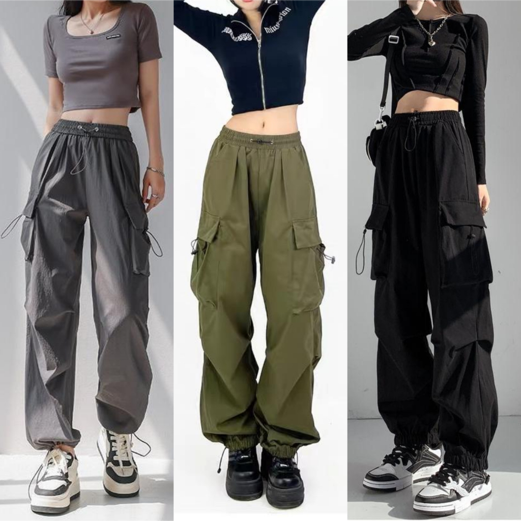 กางเกงคาร์โก้ผู้หญิงเอวสูง  ทรงเท่ ใส่สบาย ขาจั๊ม 4 สี S-3XL