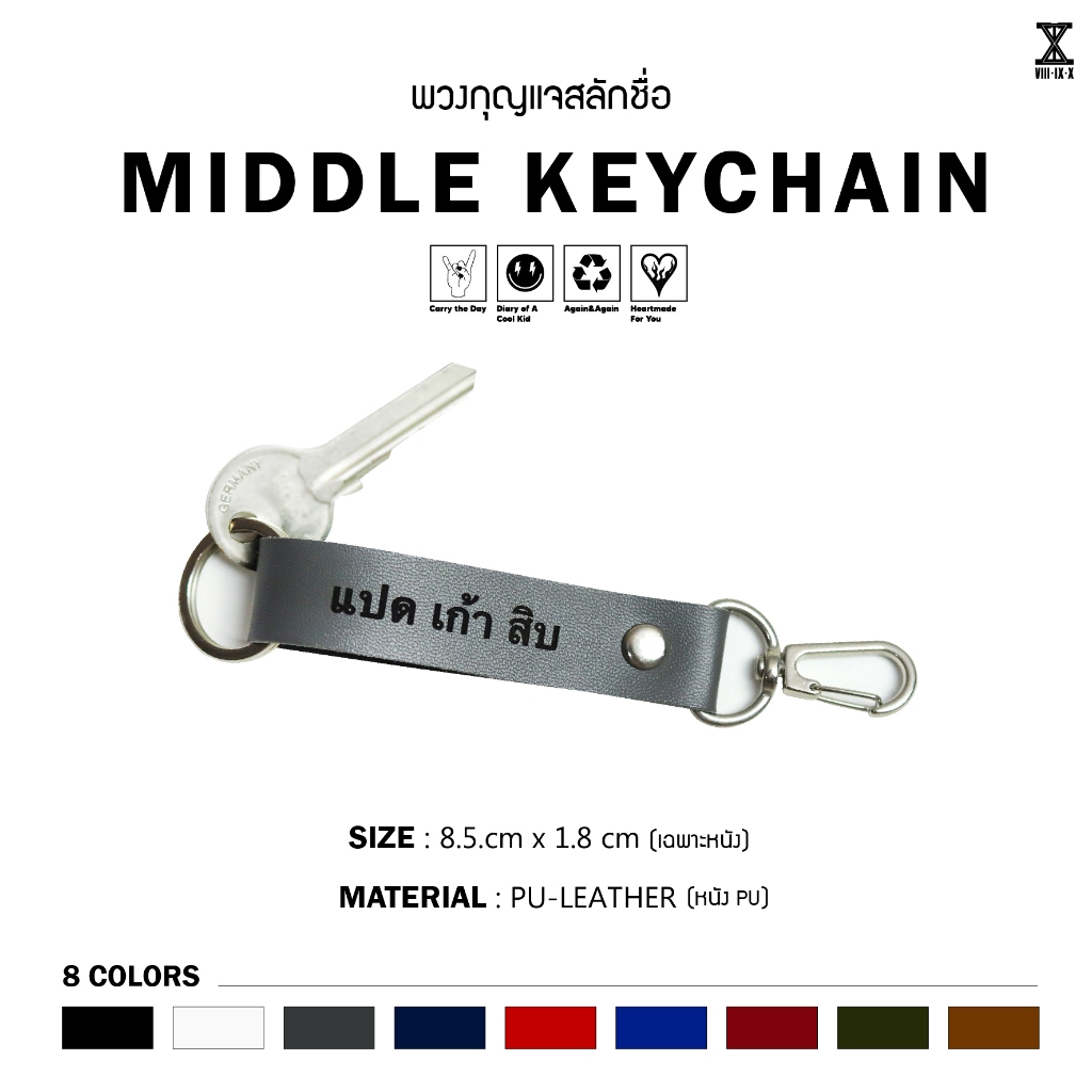 พวงกุญแจ ใส่ชื่อได้ หนัง PU แบบกลาง แบรนด์ไทย พวงกุญแจรถ บ้าน อะไหล่สีเงิน หัวหมุน 360 องศา