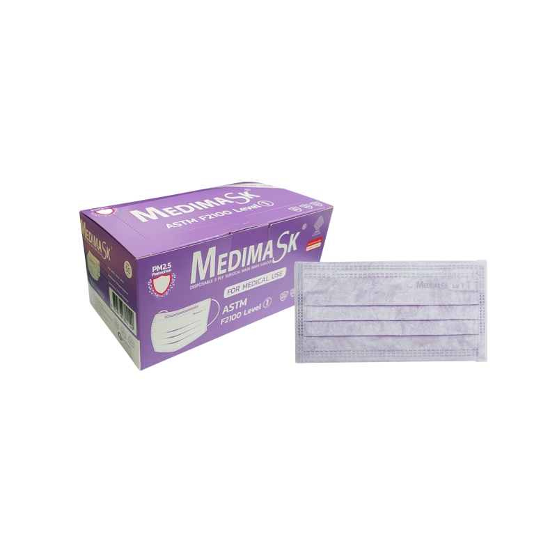 เมดิมาร์ค​ หน้ากากอนามัยสำหรับผู้ใหญ่ สีม่วง(50pcs./box)Medimask Purple Facemask ASTM LV.1