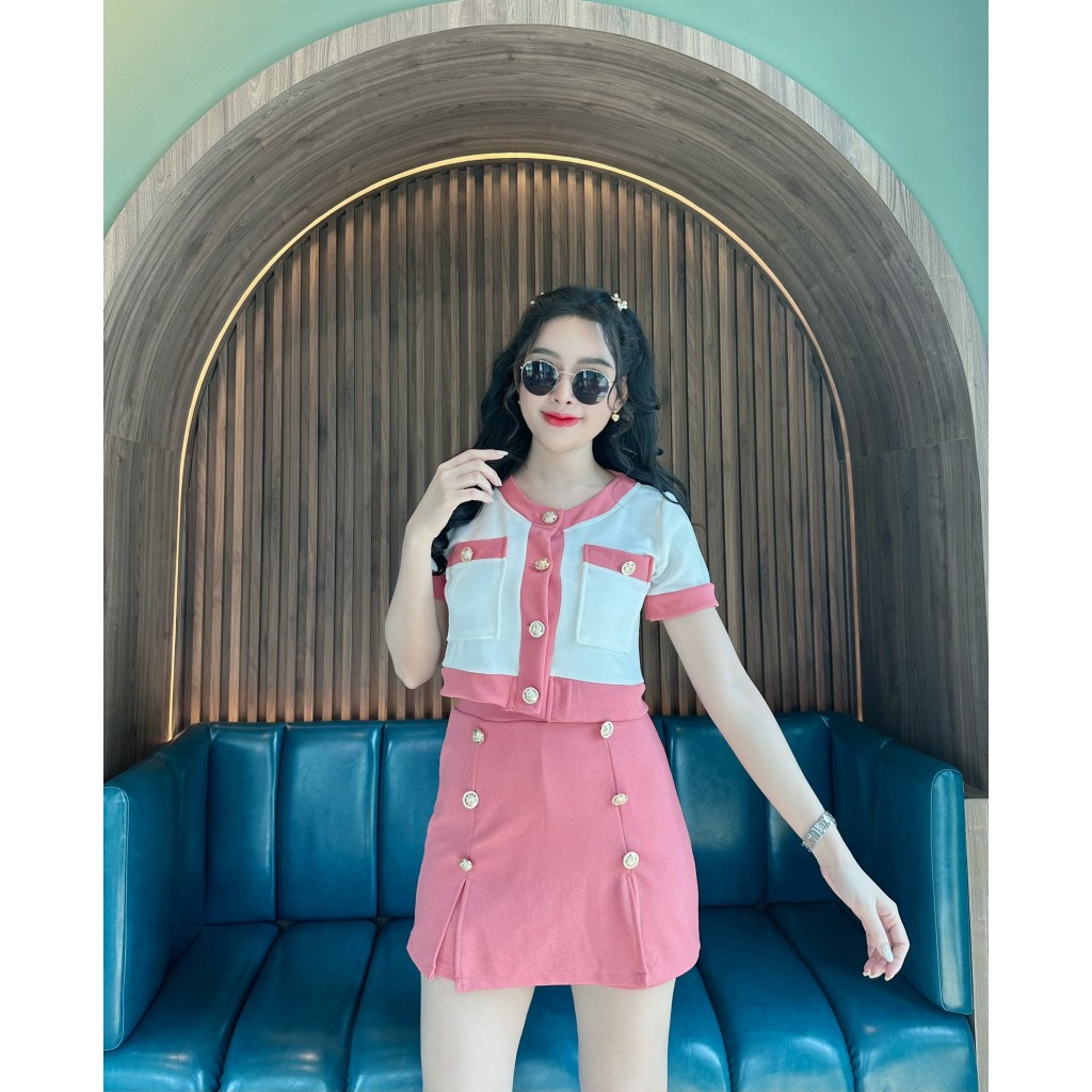 ชุดเซตผ้าวูลเวฟ เสื้อทรูโทนกระเป๋าหน้ากระดุมเมอแรง+กางเกงกระโปรงแต่งกระดุมเมอแรง  (C48,C49) A2285