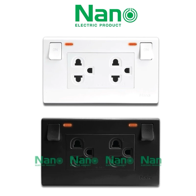 กราวด์คุ่พร้อมสวิตซ์ควบคุม มีไฟแจ้งสถานะเปิดปิด ยี่ห้อ นาโน NANO ปลั๊กกราวด์คู่มีสวิตซ์คุม สีขาว สีดำ เต้ารับมีสวิตซ์คุม