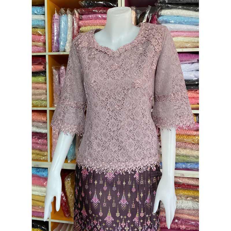 เสื้อลูกไม้ราเชลแขนสามส่วนซิปหลัง - รูปที่ 6