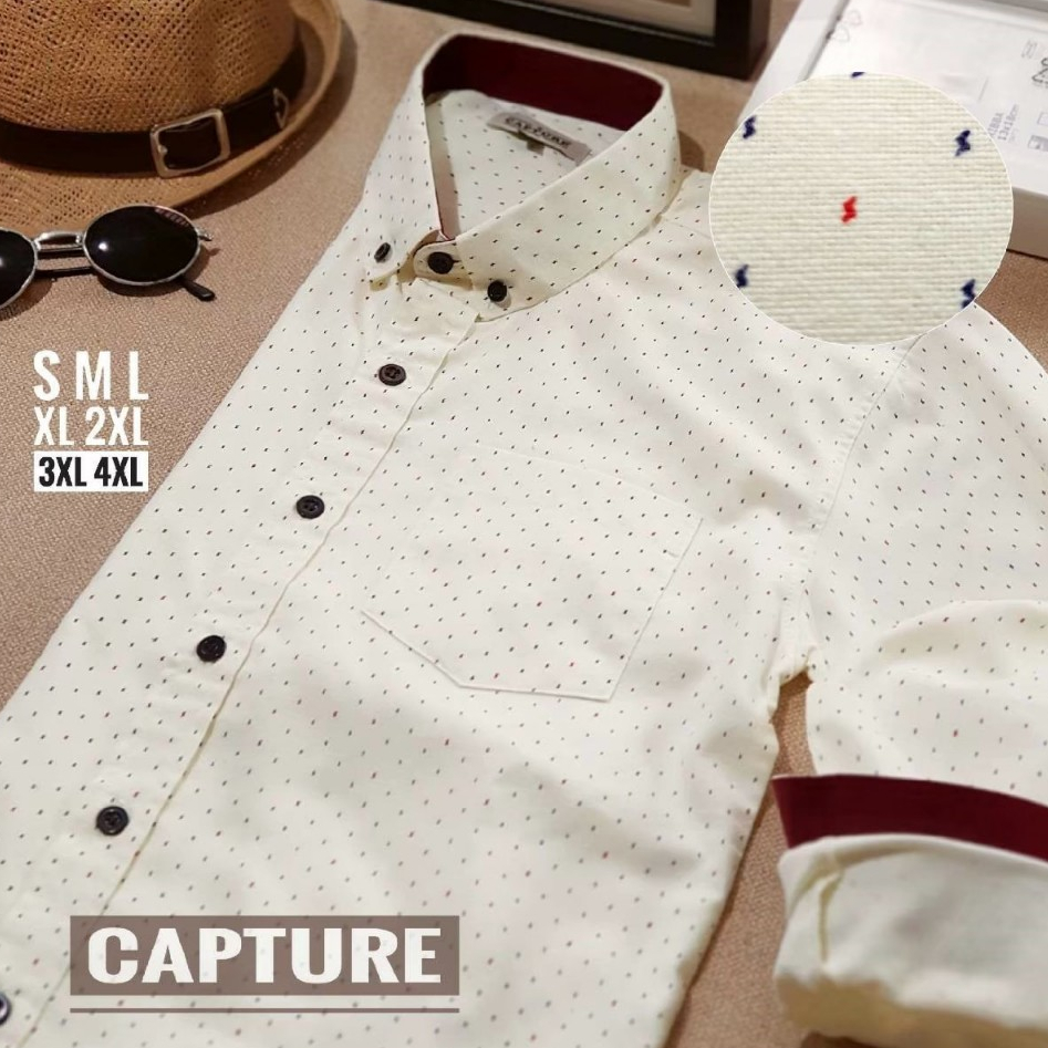 [S-4XL] เสื้อเชิ้ตผู้ชายคอปกแขนยาว ลายสายฟ้า สีครีม Men shirt CAPTURE BRAND