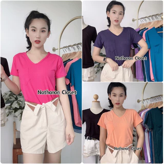 เสื้อยืดเรย่อนคอวี Casual look รุ่นมีกระเป๋า ผ้าบางเบานุ่มใส่สบาย อก30~34 งานรัดรูปผ้ายืดตามตัว KD030