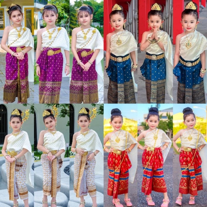 Kc // ชุดไทยเด็กหญิงนางนพมาศ ชุดไทยสุโขทัย สไบหน้านางสำเร็จ 2 ชั้น ดิ้นทอง สีสวยมากๆ งดงามอย่างไทย เริศหรู