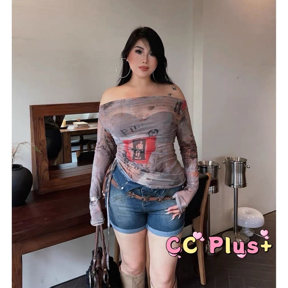 CiCi Plus+(J858)เสื้อซีทรูแขนยาวเปิดไหล่ ลายวินเทจ ดีเทลรูดเชือกด้านข้าง เหมาะสำหรับสาว Plussize สไตล์สาวเผ็ช