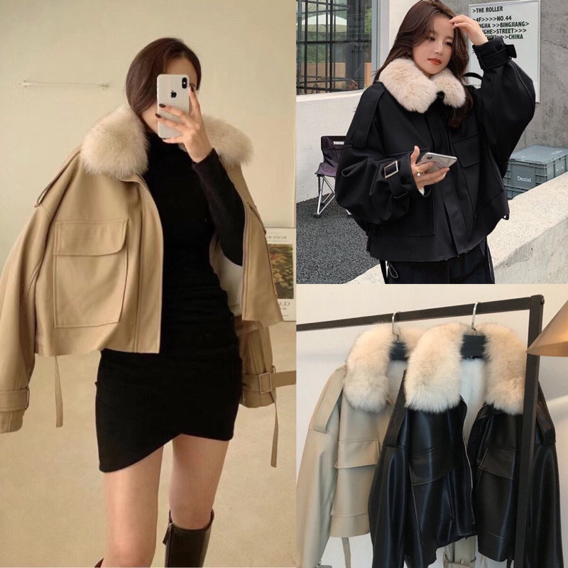 พร้อมส่งที่ไทย | PU Leather Jacket บุขนคอเฟอร์ (เฟอร์ที่คอถอดได้นะคะ) ปลายเสื้อรูดได้ oversize ค่า มี 2 สีนะ