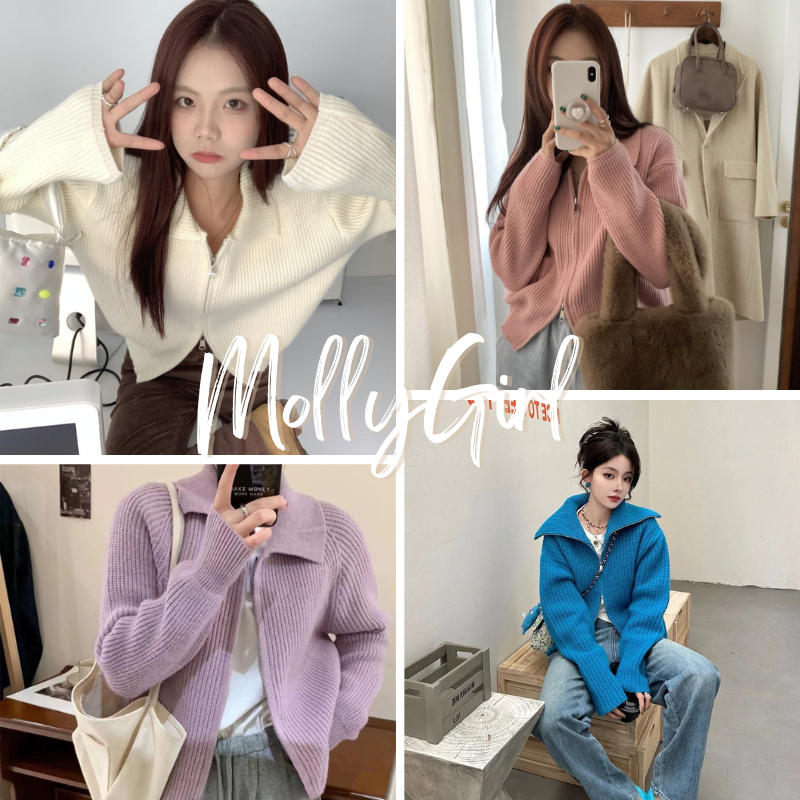 Mollygirl เสื้อแขนยาวไหมพรม ซิปรูดบนล่าง มาใหม่