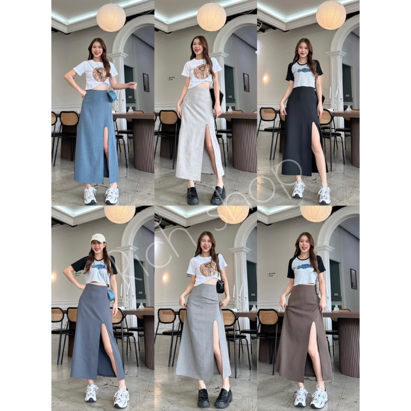 New skirt กระโปรงยาว y2k รุ่นผ่าหน้าสูง (ผ้าสโนว์)