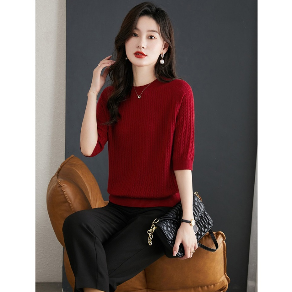 พร้อมส่ง เสื้อไหมพรม คอกลม ลายโซ่ แขนสั้น เสื้อไหมพรมผสมเรย่อน ผ้านิ่มเด้ง ยืดได้เยอะ สวยหรู