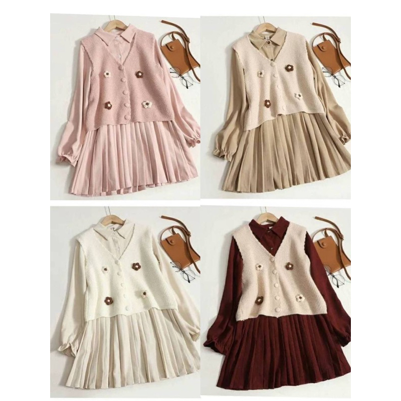 งาน 2 ชิ้นเดรสอัดจีบกระโปร่ง+เสื้อกั้กไหมพรมป้ายMinly